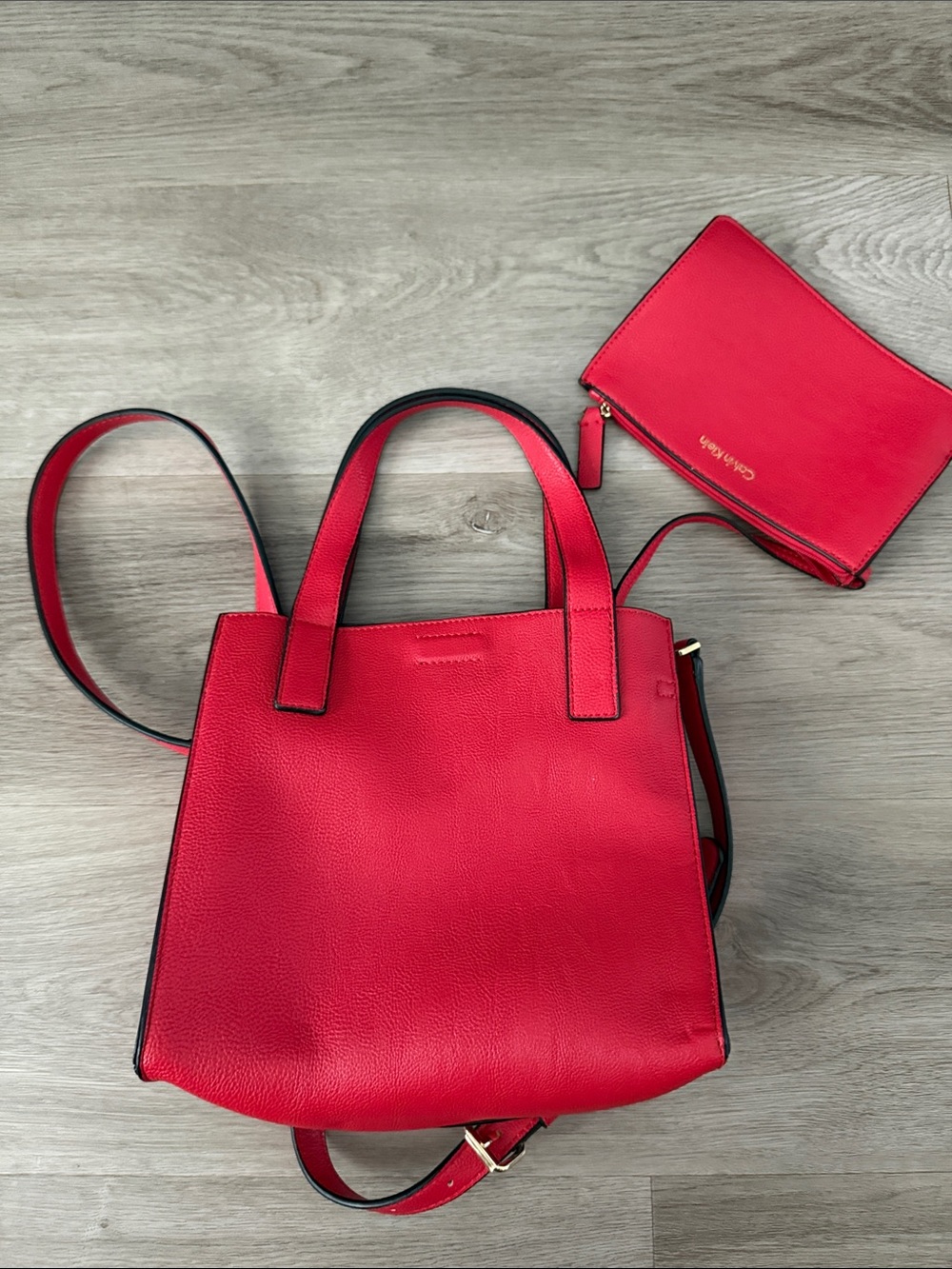 Calvin Klein Red Pebbled Small Vegan Leather Tote with Gold Hardware - Picture 2 of 5
